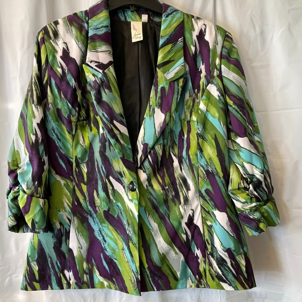 Lavender & Honey Vibrant Abstract Watercolor Blazer Ruched Sleeves Sz M Retro